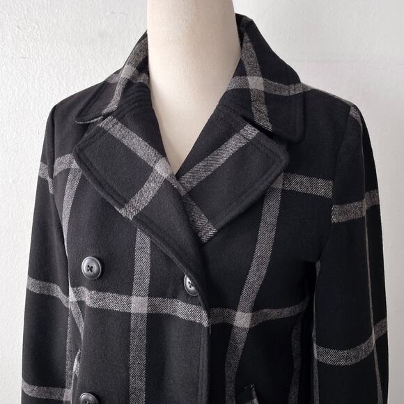Gap Wool Blend Buffalo Plaid Peacoat Jacket Size S Black White Academia - Picture 8 of 11